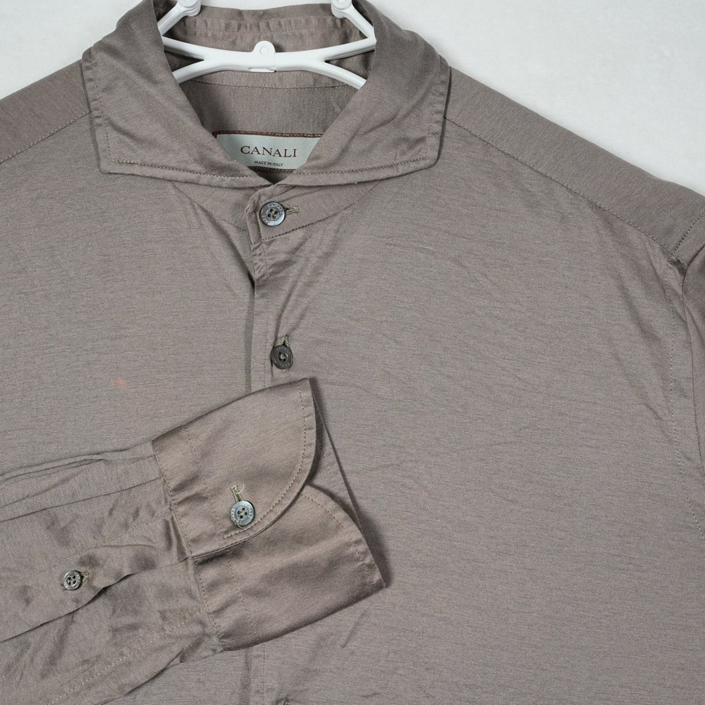 Canali Mens Taupe Brown Long Sleeve Button Up Shirt Made in Italy Size‎ L - READ